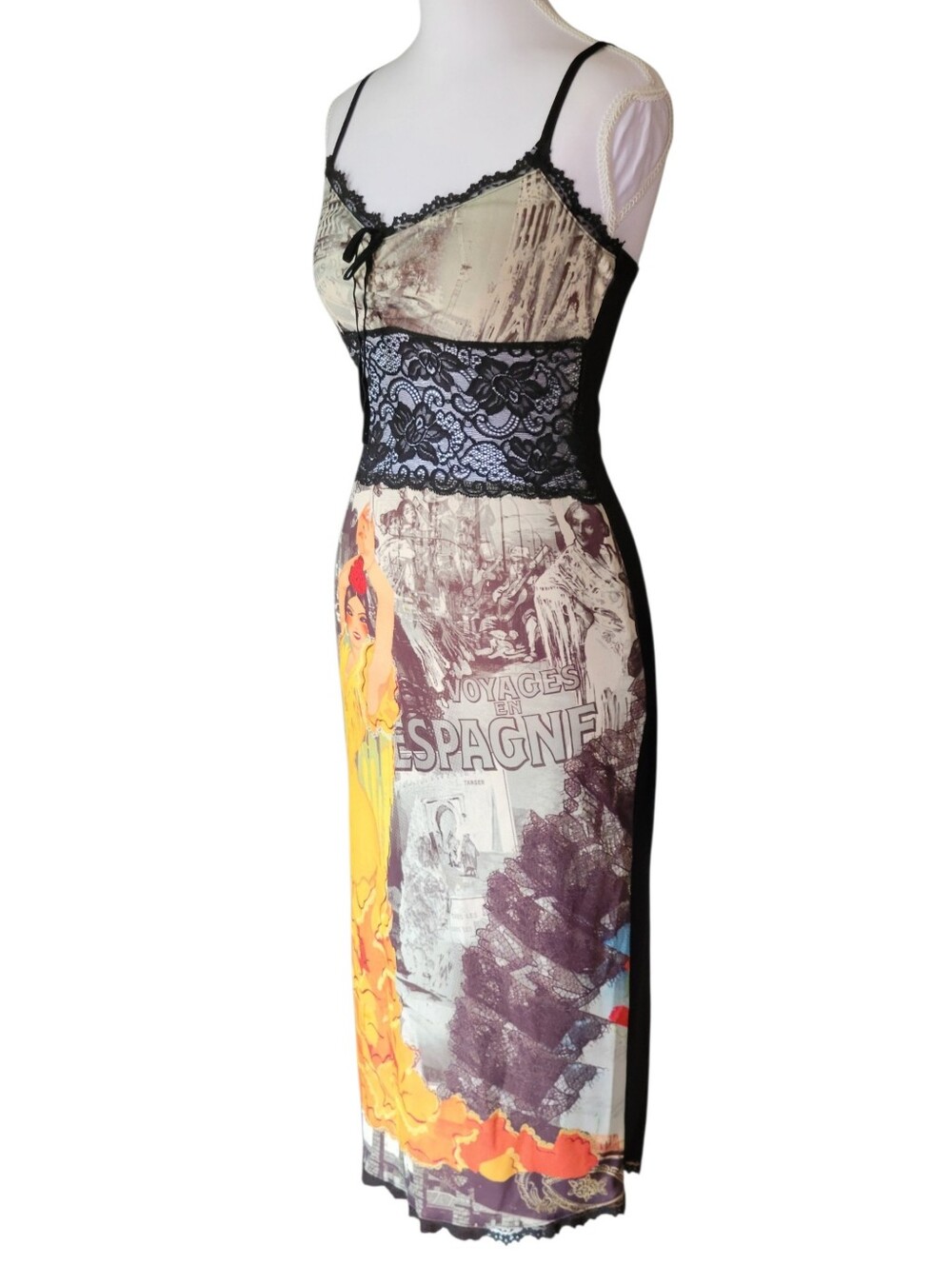 90s Y2K RARE Charlotte Russe Dress Midi Retro Flamenco Dancer Lace Glitter - Picture 3 of 10
